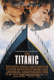 Titanic movie poster man and woman with a big ship