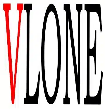 Vlone logo in red and black text